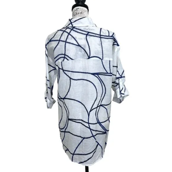 Soft Surroundings Women's Top Tunic Button Up White Blue Roll Tab Sleeve Size S - Picture 3 of 8